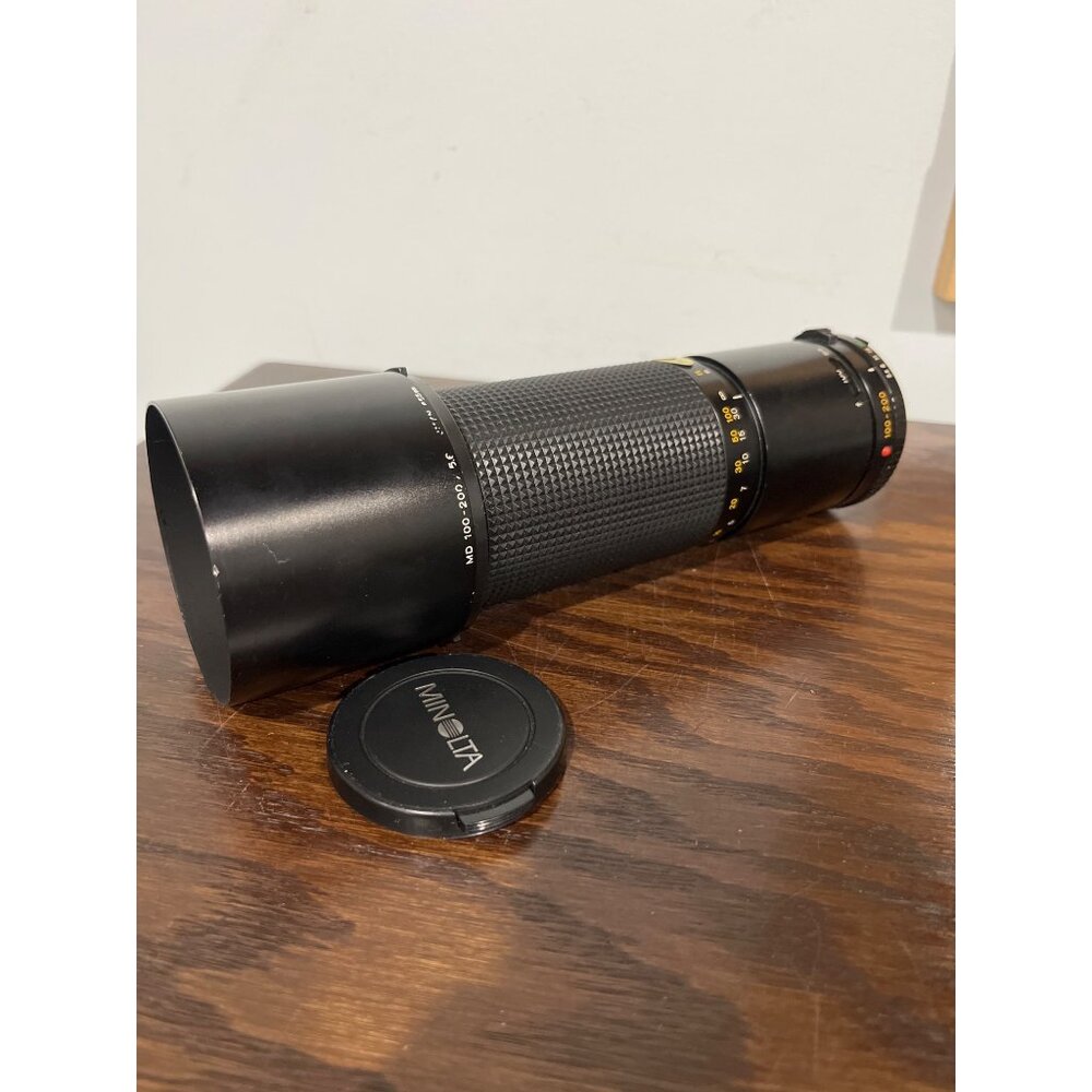 Minolta 100-200mm F5.6 Manual Focus Zoom Lens w/ 55mm Hood & Caps - Vintage